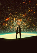 A Cosmic Kiss by Taudalpoi, two silhouetted lovers before a glowing amber star cluster