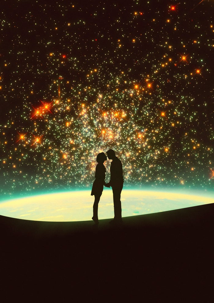 A Cosmic Kiss by Taudalpoi, two silhouetted lovers before a glowing amber star cluster