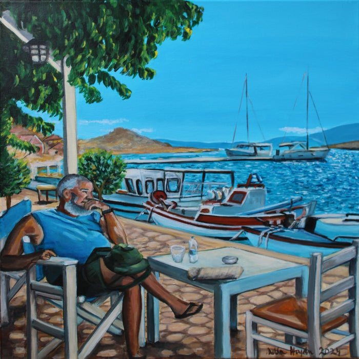 A Greece Fisherman by Nella Hajdu - man dozing at a harbour café table by fishing boats