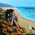 A New Horizon by Nella Hajdu - woman on a beach rock among poppies with seagulls