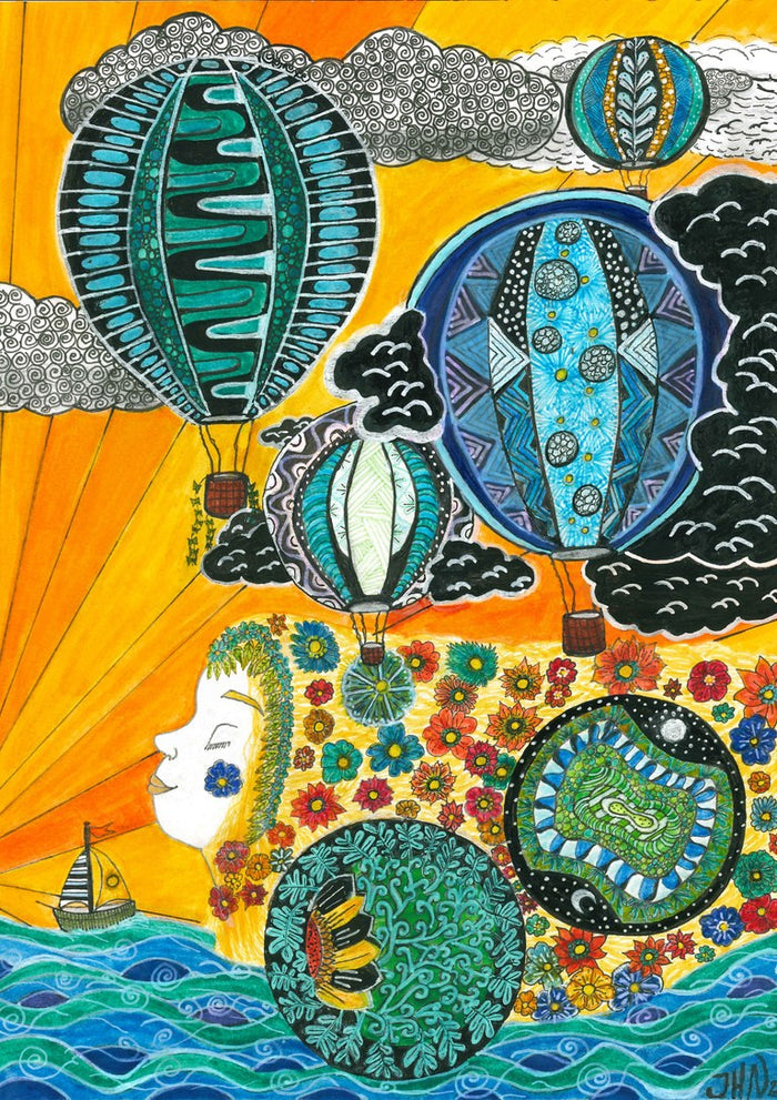 Balloons over the Sea by JHN.ByHjort - teal patterned hot air balloons in an orange sky above flowers and waves