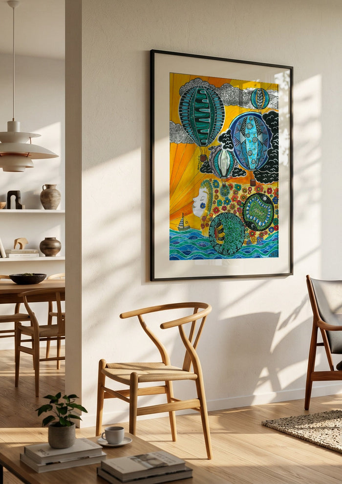 Balloons over the Sea by JHN.ByHjort in a black frame in a bright dining room with wooden chairs