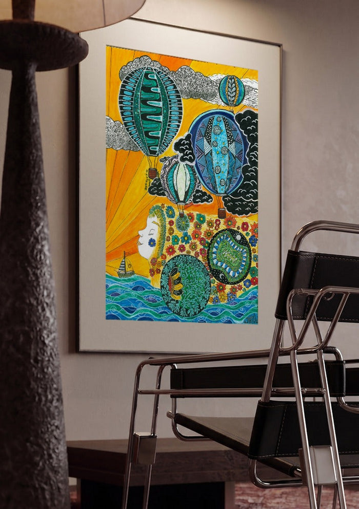 Balloons over the Sea by JHN.ByHjort framed in a dim room beside a tubular steel chair