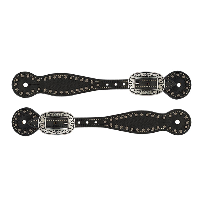 Basketweave Bridle Leather Spur Straps, Thin, Black