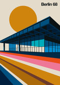 Berlin 68 by Bo Lundberg - blue modernist glass pavilion under a mustard sun above pink and orange stripes