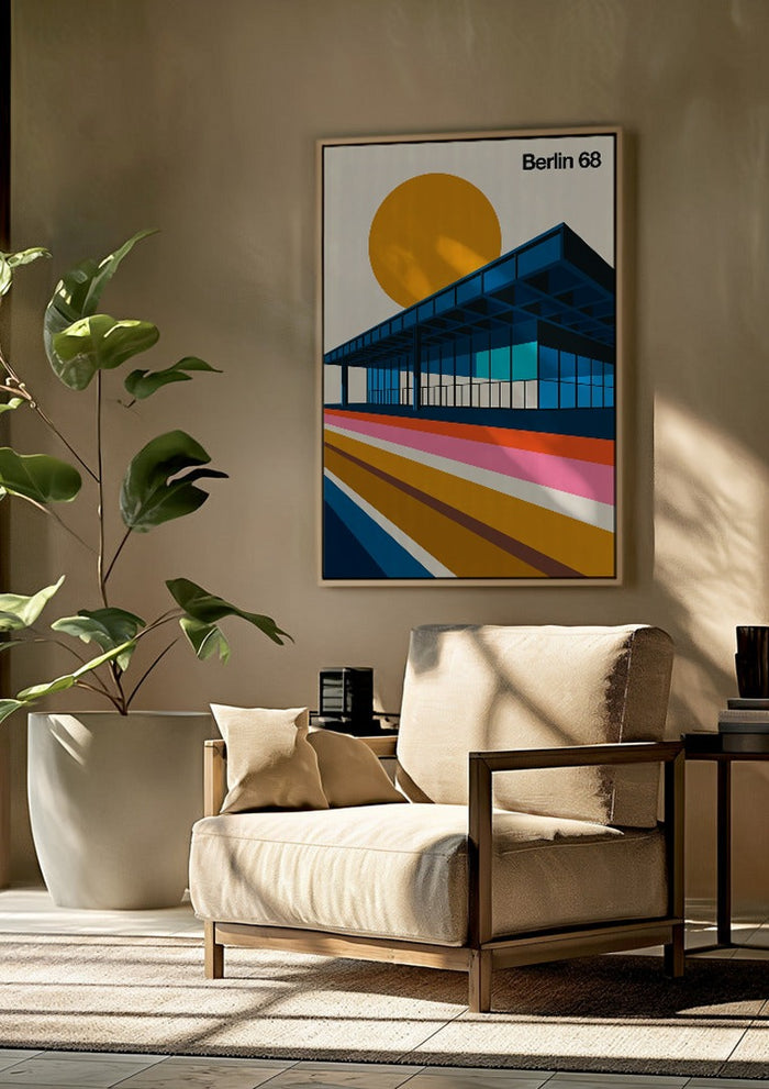 Berlin 68 by Bo Lundberg framed above a beige armchair beside a potted plant