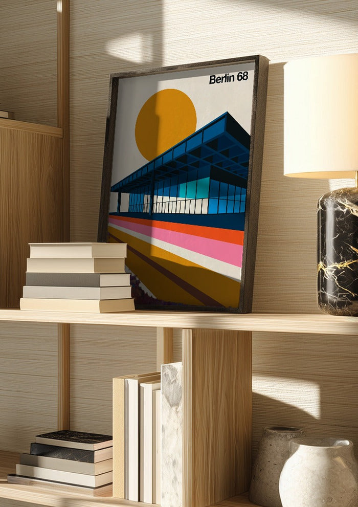 Berlin 68 by Bo Lundberg in a dark frame on a wooden shelf beside books and a lamp