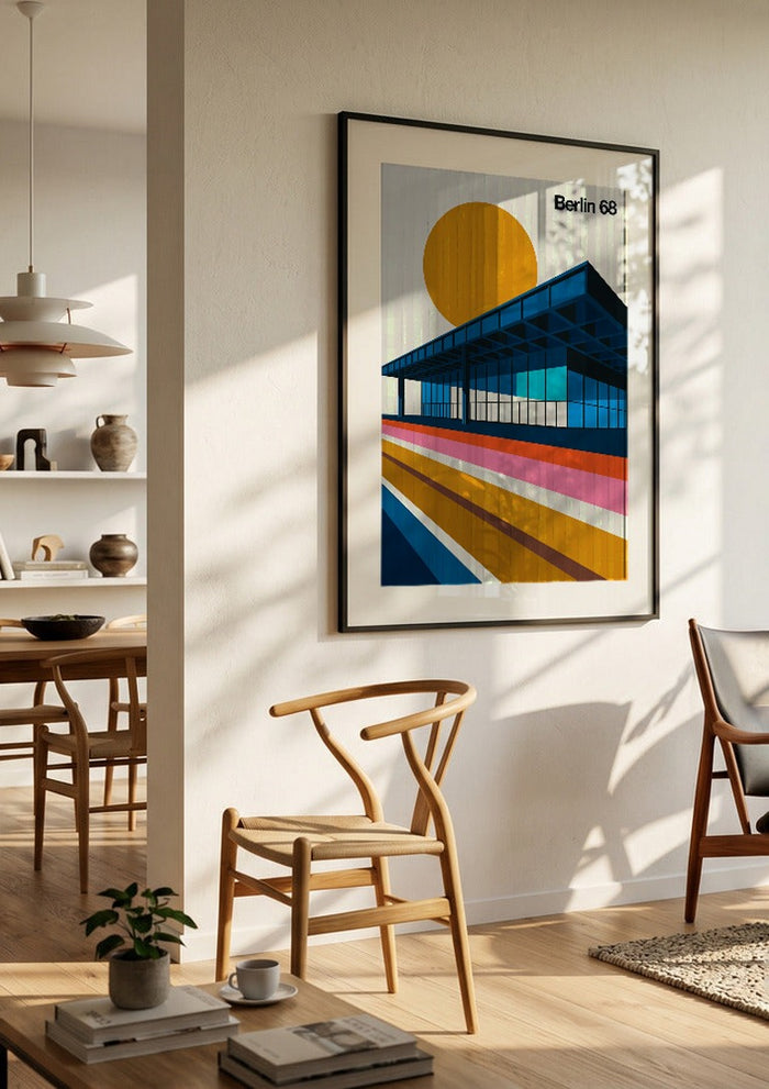 Berlin 68 by Bo Lundberg in a black frame in a bright dining room with wooden chairs