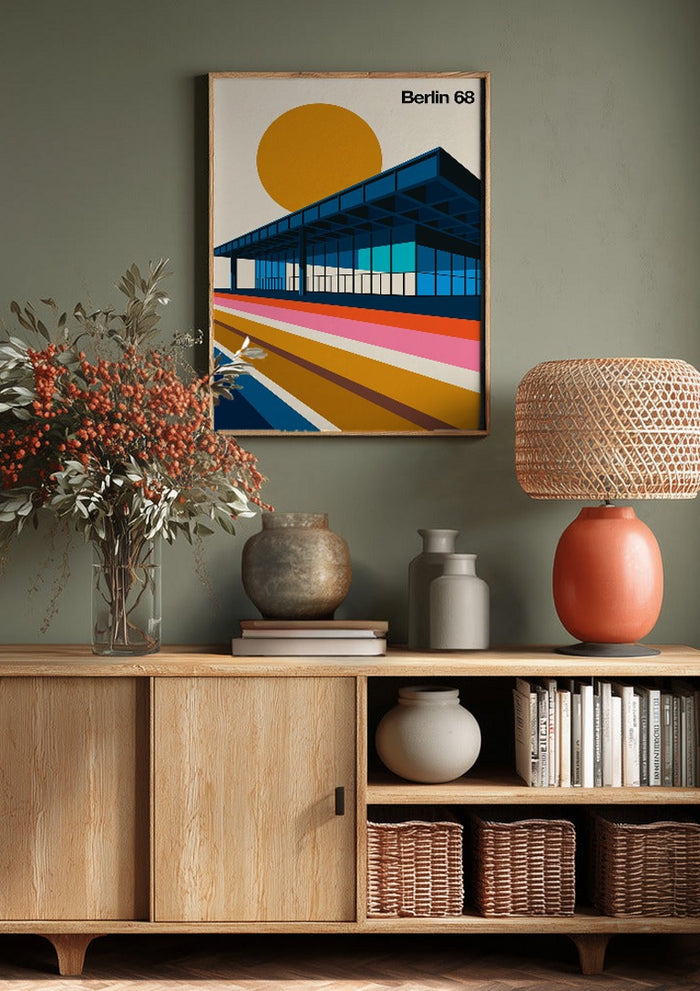 Berlin 68 by Bo Lundberg above a wooden sideboard on a sage green wall