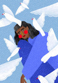 Illustration of a person in blue with white birds flying around and perching on them against a dotted background.
