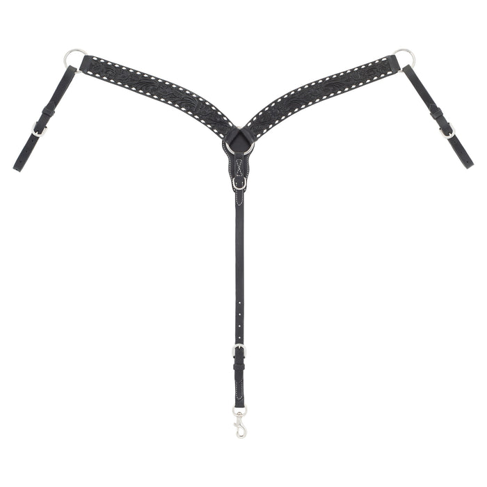 Black Leather Floral Buckstitch Contoured Breast Collar