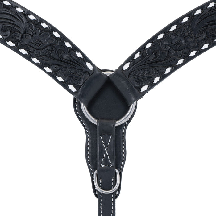 Black Leather Floral Buckstitch Contoured Breast Collar