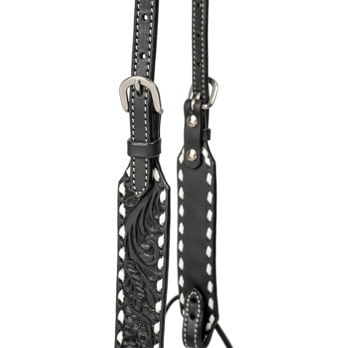 Black Leather Floral Buckstitch Headstall