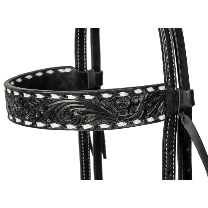 Black Leather Floral Buckstitch Headstall