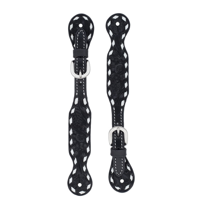 Black Leather Floral Buckstitch Women's Spur Straps