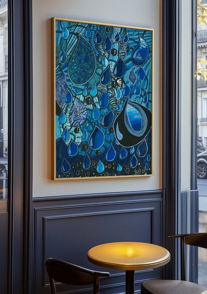 Blue Raindrops by JHN.ByHjort in an oak frame on a panelled café wall