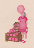 Bubble gum side hustle by Daukantė, a woman blowing a huge pink bubble at a bubble gum stall