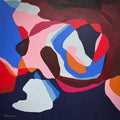 Cave by Elva Garma - abstract interlocking shapes in cobalt blue, blush pink, maroon and red on a navy ground