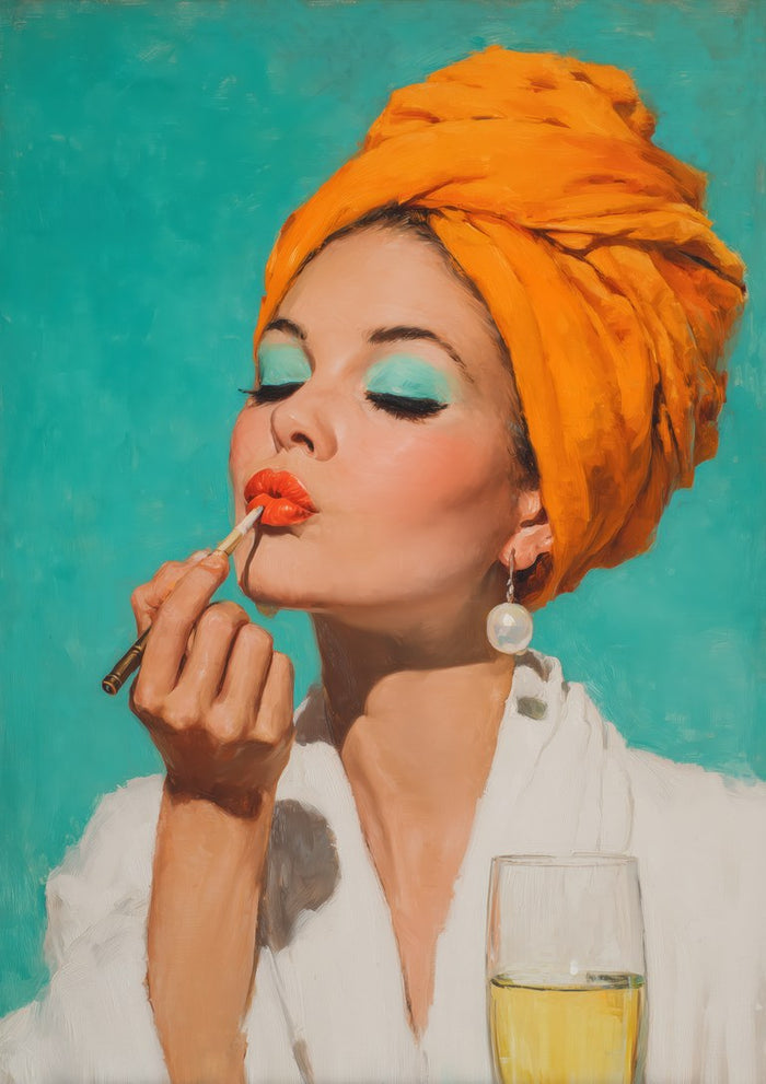 Champagne And Lipstick by David Wolf woman in an orange turban applying lipstick on turquoise