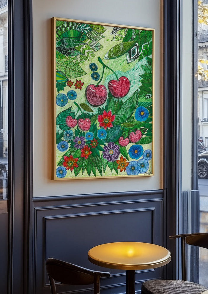 Cherries and Blue Flowers by JHN.ByHjort in an oak frame on a panelled café wall