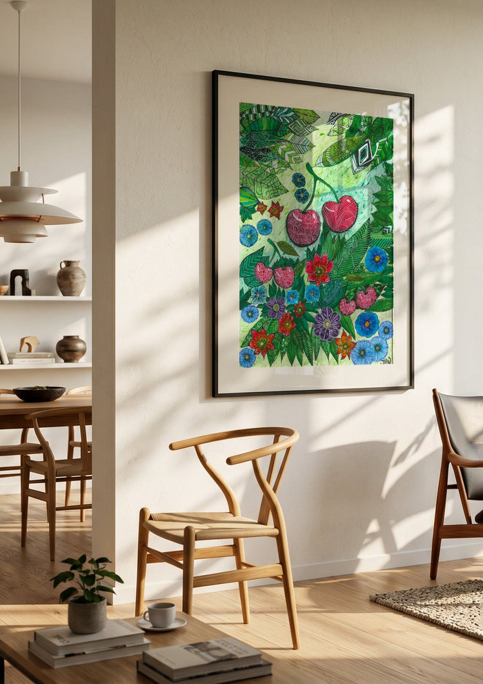 Cherries and Blue Flowers by JHN.ByHjort in a black frame in a bright dining room with wooden chairs