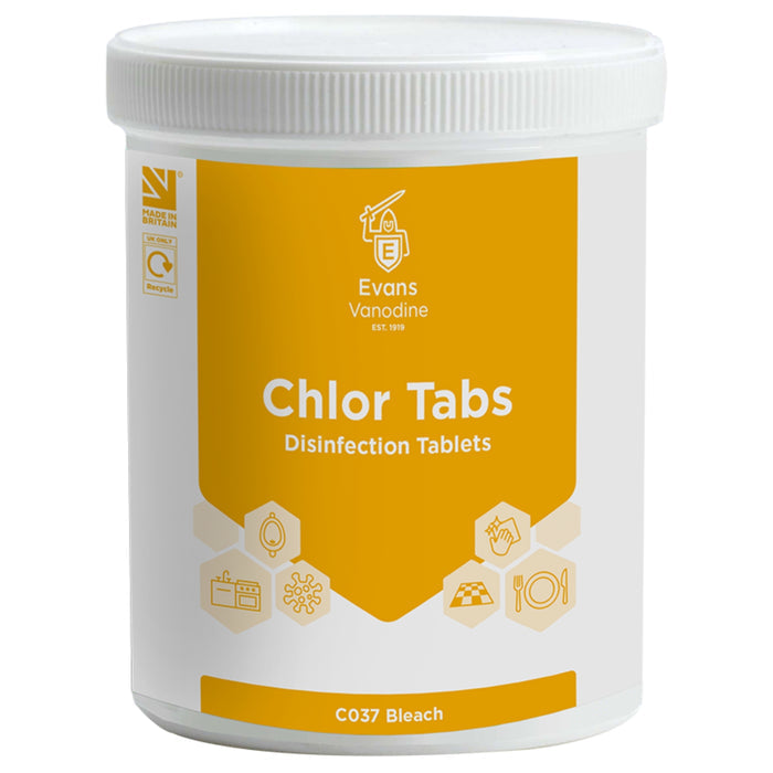 Container of Evans Vandoline Chlor Tabs disinfection tablets on a white background