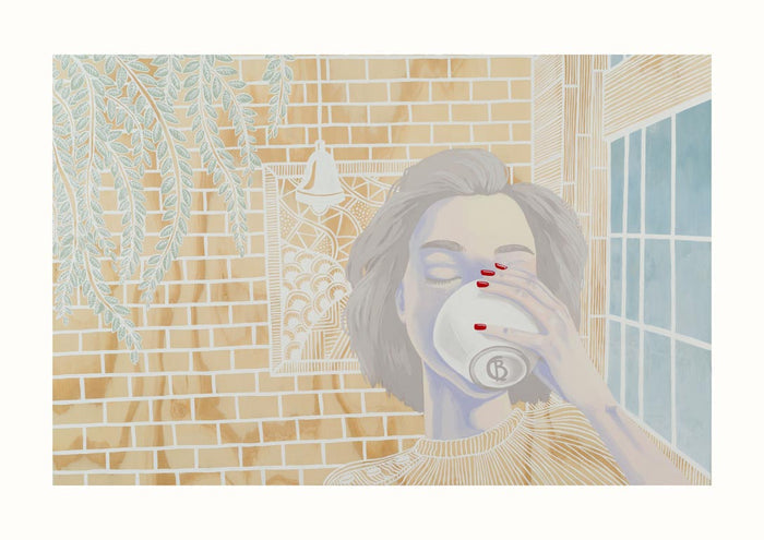 Illustration of a woman with red nails drinking coffee, seated by a window and brick wall. Artwork for Coffee Break.