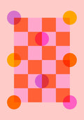 Color Play by Nanna Paavig, a coral orange and pink checkerboard poster with purple, yellow and hot pink circles