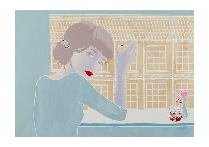 Illustration of a woman with red lips by a window, overlooking yellow Copenhagen buildings; art by Christine Buchholtz.