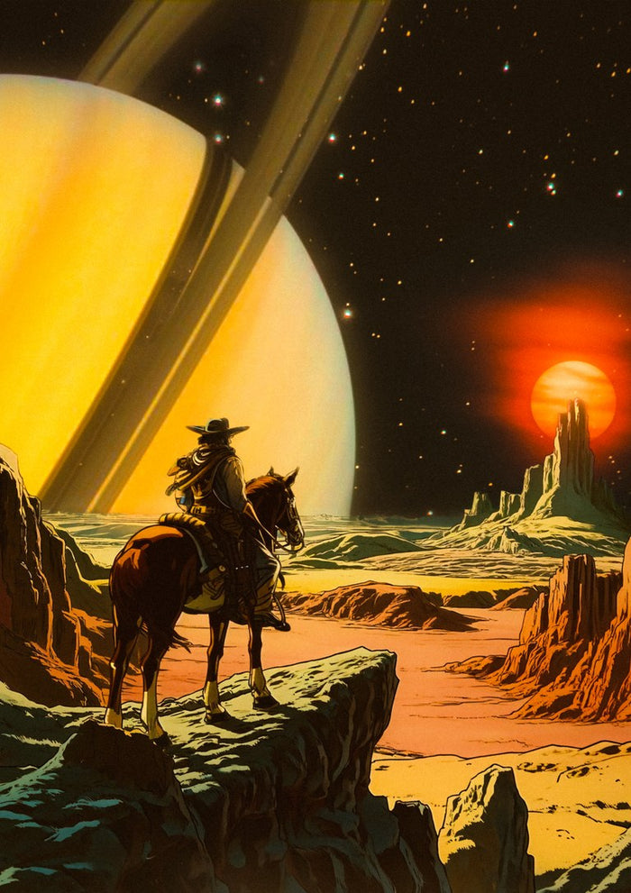 Cosmic Cowboy by Taudalpoi, a cowboy on horseback overlooking a desert canyon beneath a giant yellow ringed planet