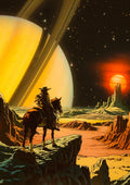 Cosmic Cowboy by Taudalpoi, a cowboy on horseback overlooking a desert canyon beneath a giant yellow ringed planet