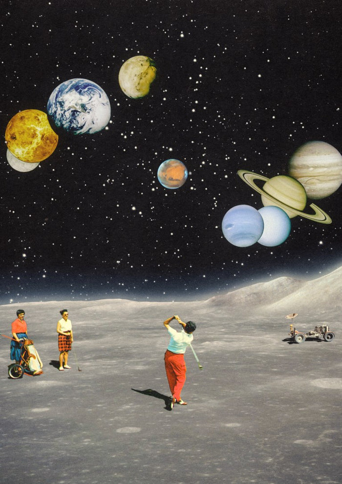 Cosmic Golf by Taudalpoi, vintage golfers playing on the moon under a black sky full of planets