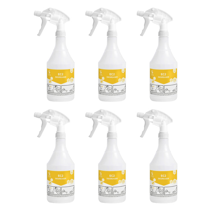 Six spray bottles with yellow labels on a white background