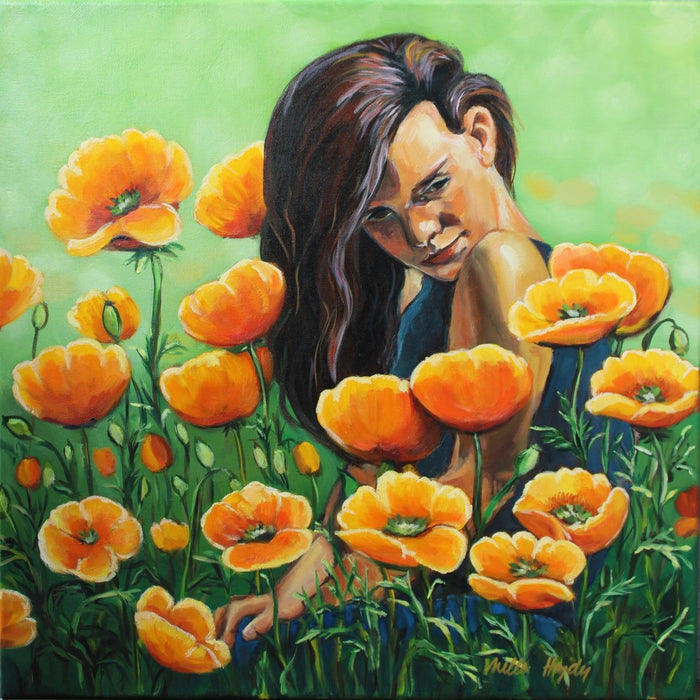 Embraced by Summer by Nella Hajdu - girl resting among orange poppies