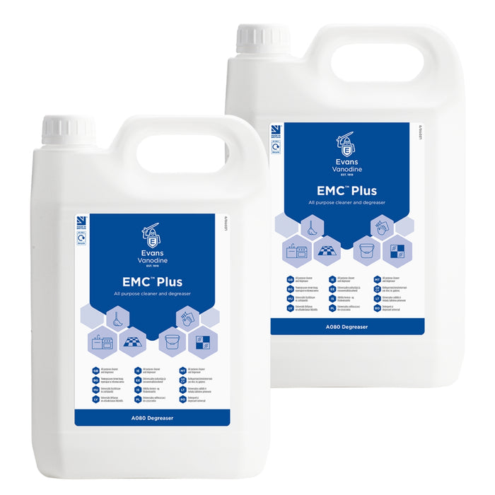 Two containers of Evans Vanodine EMC Plus on a white background