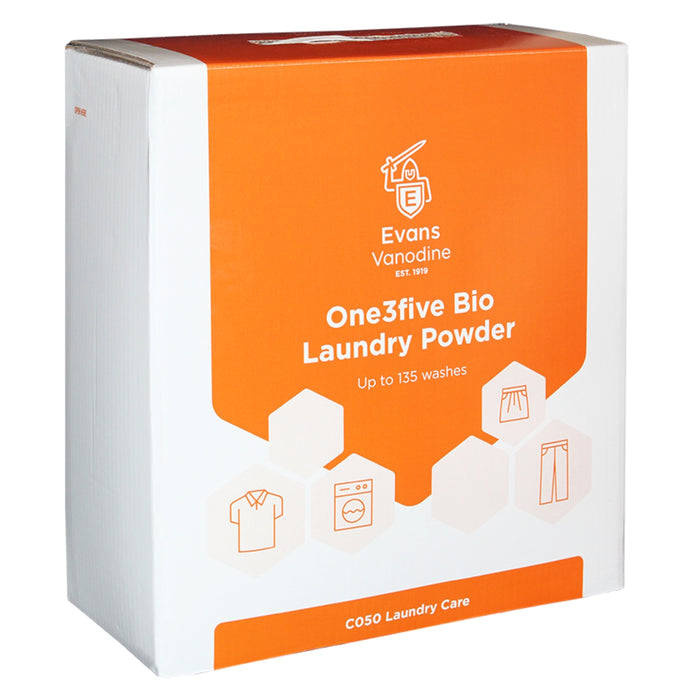 Box of Evans Vanodine One3five Bio Laundry Powder on a white background