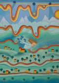 Falling from the Sky by Muni - pastel drawing of a figure tumbling over a village of yellow houses and teal trees