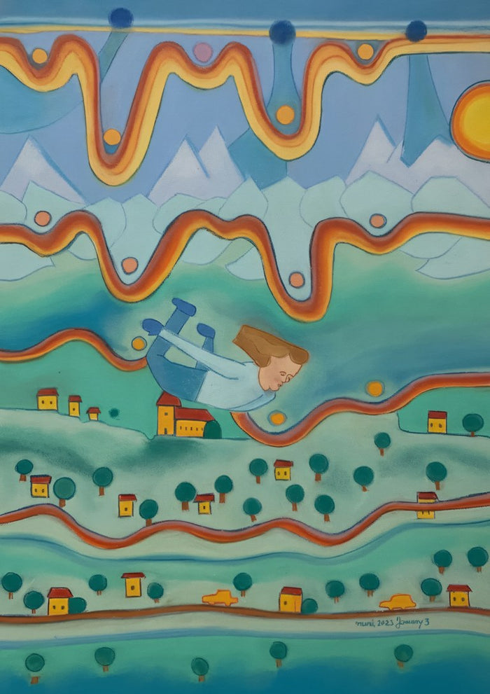 Falling from the Sky by Muni - pastel drawing of a figure tumbling over a village of yellow houses and teal trees