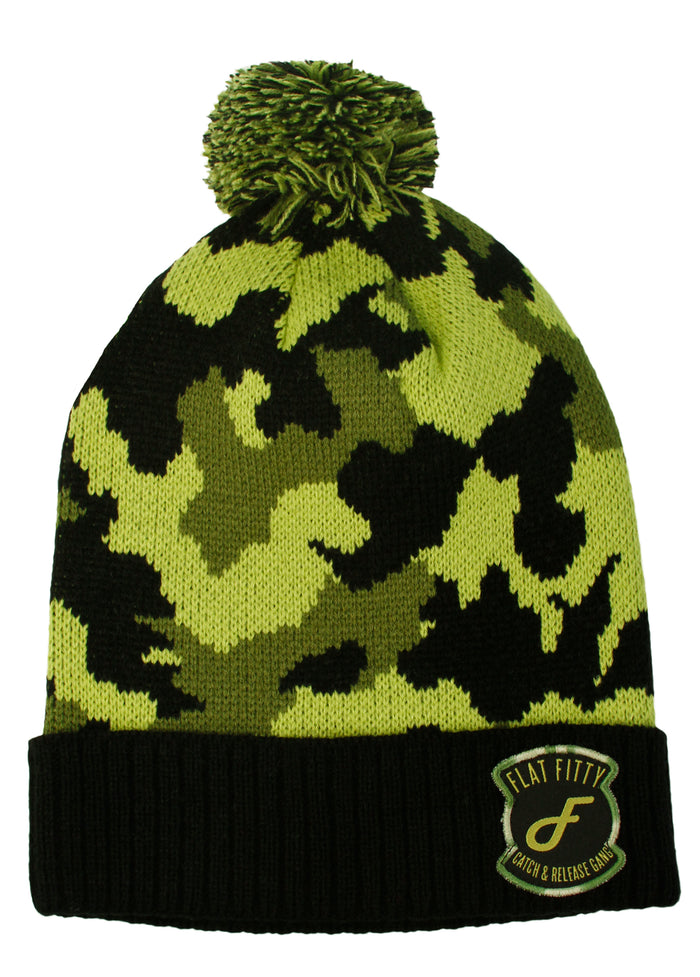Flat Fitty Catch & Release Gang Patched Camo Cuff Pom Pom Beanie Cap Hat