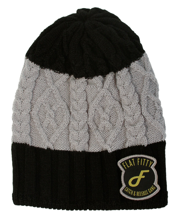 Flat Fitty Catch & Release Gang Patched Stripe Skully Beanie Cap Hat