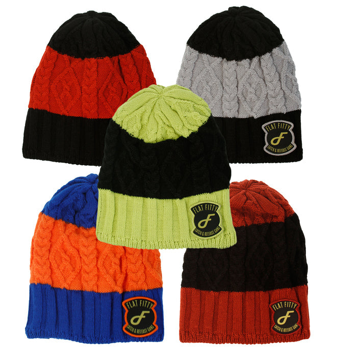Flat Fitty Catch & Release Gang Patched Stripe Skully Beanie Cap Hat