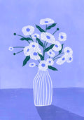 Illustration of white flowers with green stems in a striped vase on a blue background for Flowers In Blue - Bea Muller.