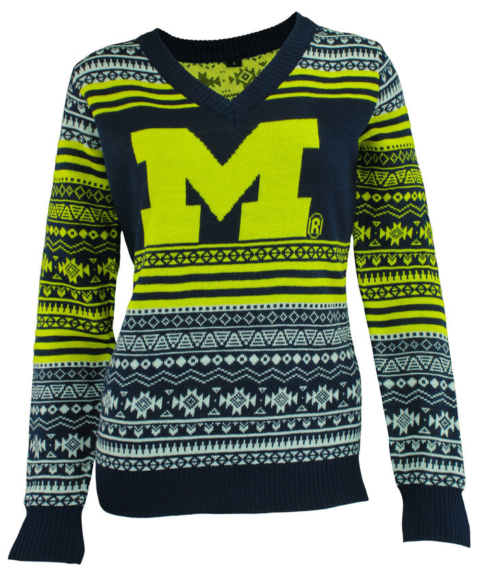 FOCO NCAA Women's Michigan Wolverines Big Logo Aztec V-Neck Sweater