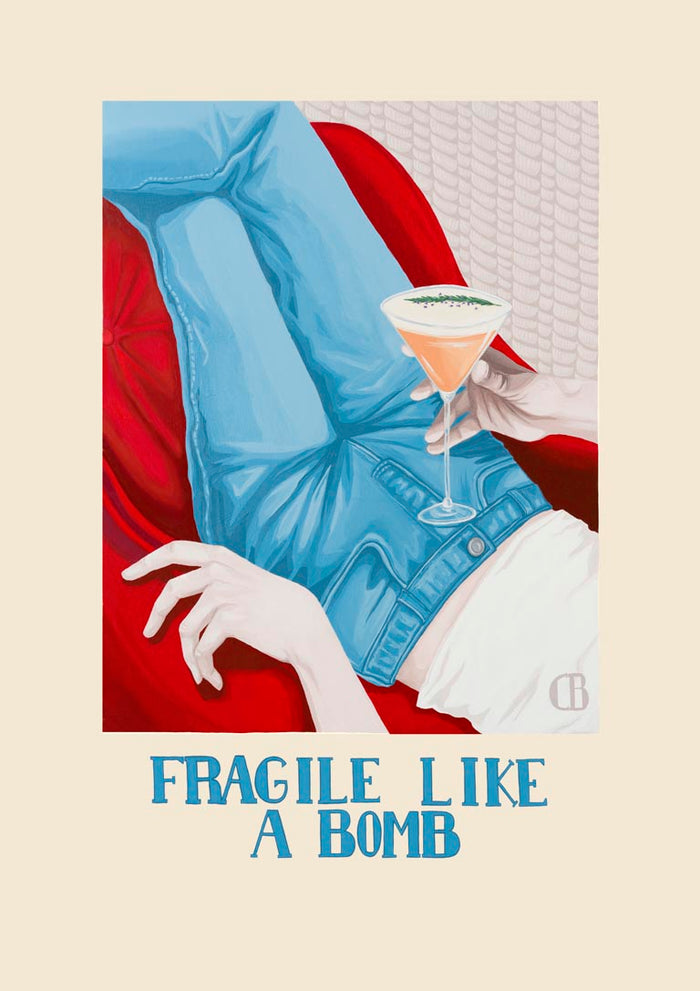 Book cover of "Fragile" by Christine Buchholtz showing a person in jeans holding a cocktail, text reads "Fragile Like A Bomb".