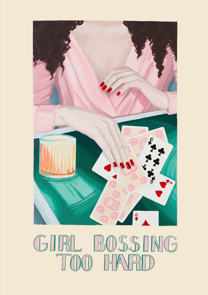 Illustration of a woman in pink playing cards with a drink, text reads "Girl Bossing Too Hard" on Girl Boss product page.