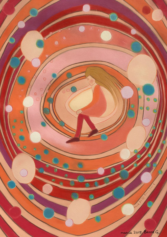 Girl in the Portal by Muni - pastel drawing of a girl sitting inside a spiral of coral, red and pink rings with teal circles