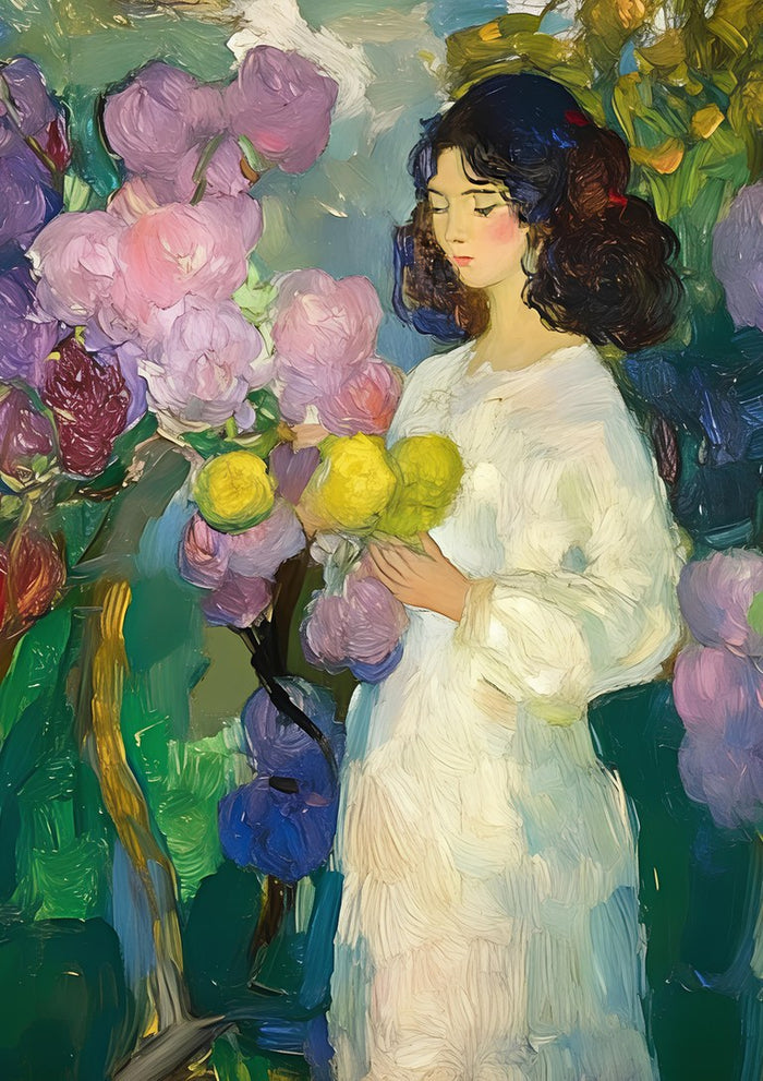 Girl with Yellow Flowers by Elena Avanesova - dark-haired girl in white holding yellow flowers among lilac and pink blooms