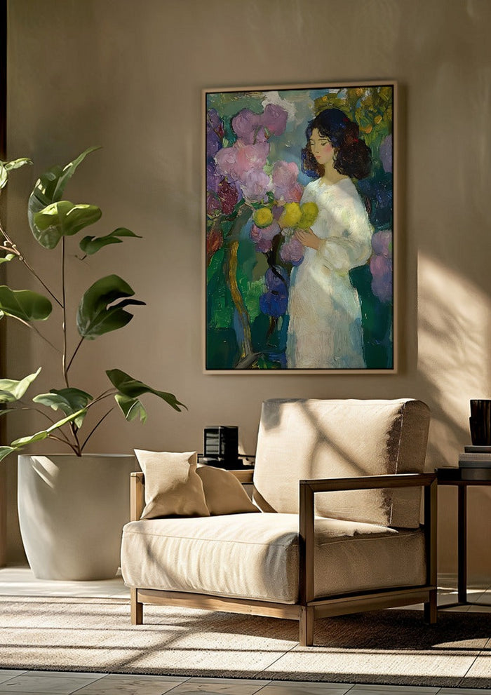 Girl with Yellow Flowers by Elena Avanesova framed above a beige armchair beside a potted plant