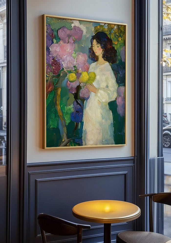 Girl with Yellow Flowers by Elena Avanesova in an oak frame on a panelled café wall