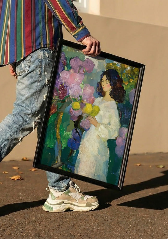 Girl with Yellow Flowers by Elena Avanesova carried in a black frame along a sunny street